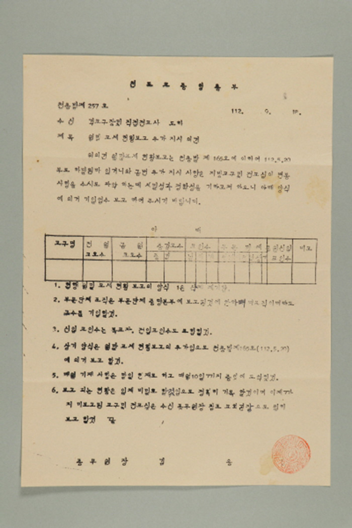 1971년에 천도교중앙총부 종무원장 김응룡이 각 교구장 및 직접전교사에게 송부한 천총발(제257호-월말 교세 현황보고 추가 지시의 건) 섬네일 파일