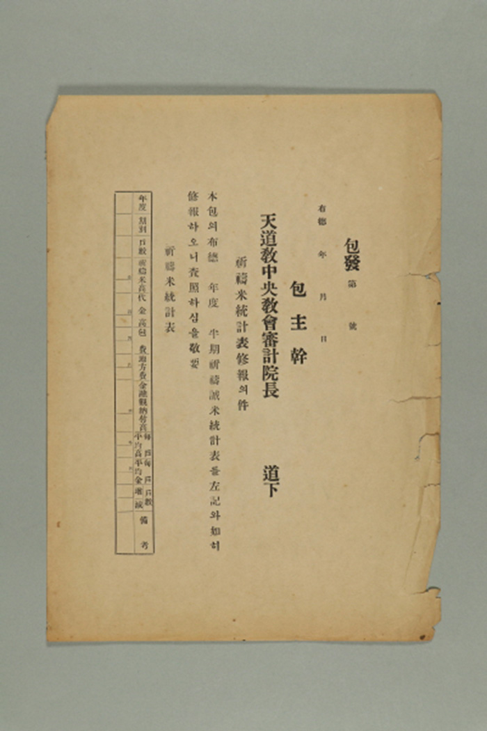 OO포 주간이 천도교중앙교회 심계원장에게 송부한 포발 제OO호-기도미 통계표 수보의 건  섬네일 파일