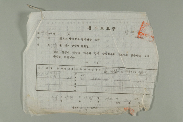 1970년에 천도교 남원교구장 김학연이 천도교중앙총부 경리관장에게 송부한 천도교남원교구 제O호-(포덕111년) 10~11월 성미 상납에 관한 일 섬네일 파일
